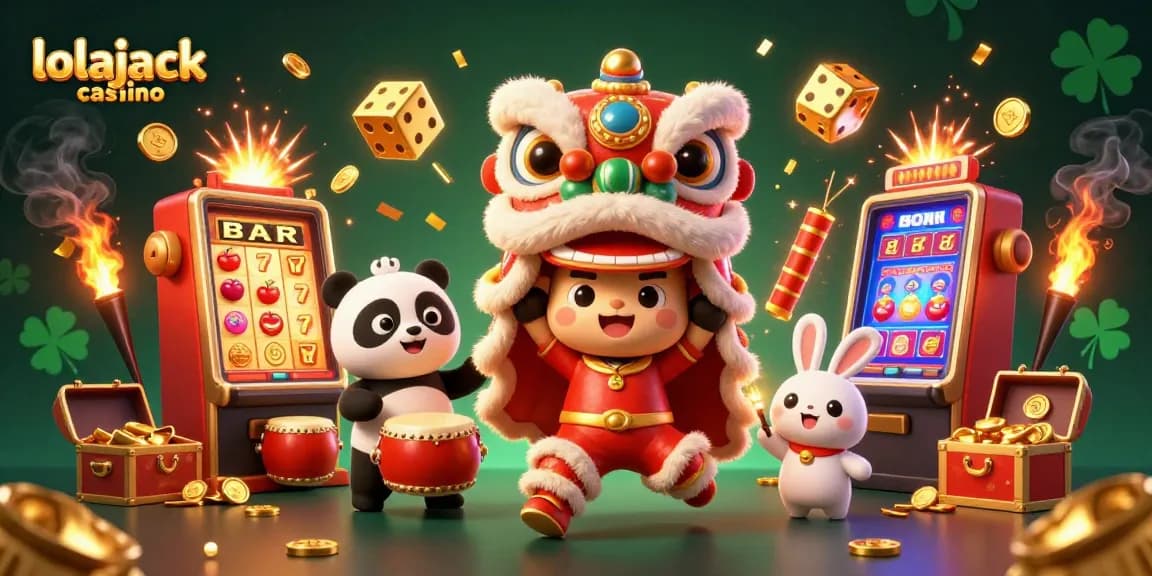 Enjoy the excitement of the lolajack casino with vibrant symbols and characters celebrating wins.
