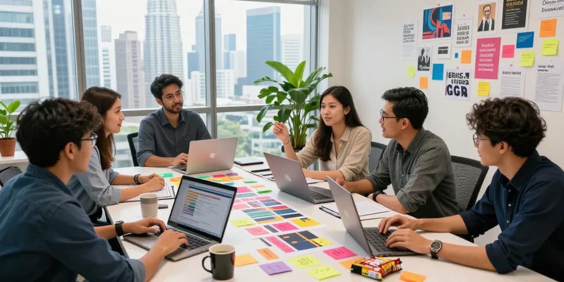 Creative agency Kuala Lumpur team collaborating on marketing strategies in a vibrant office.