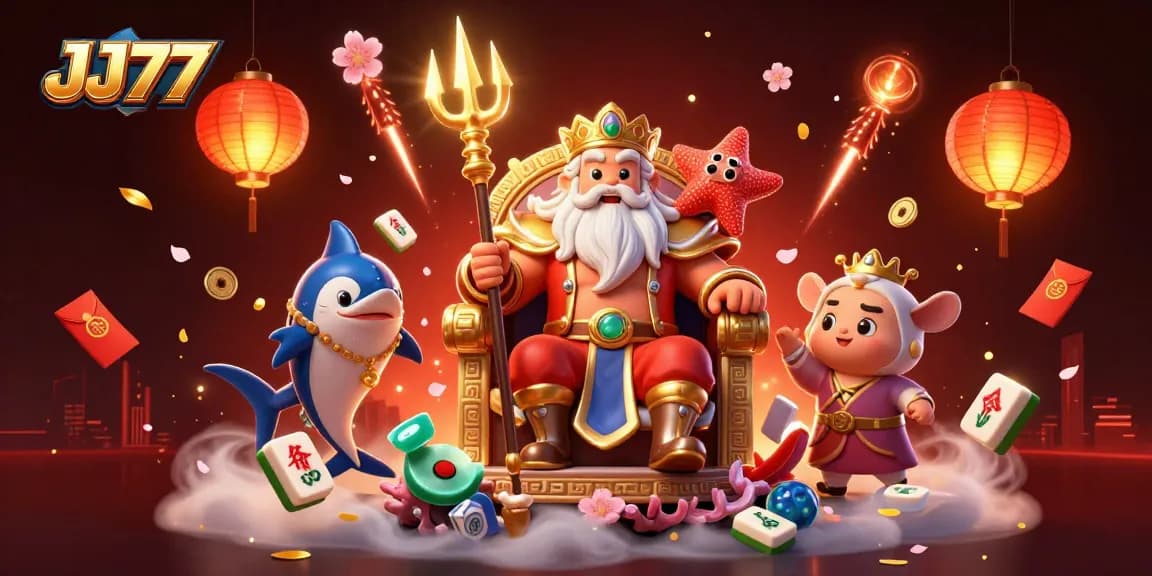 Earn real money with JJ77 in this vibrant, dynamic casino-themed illustration featuring engaging characters.