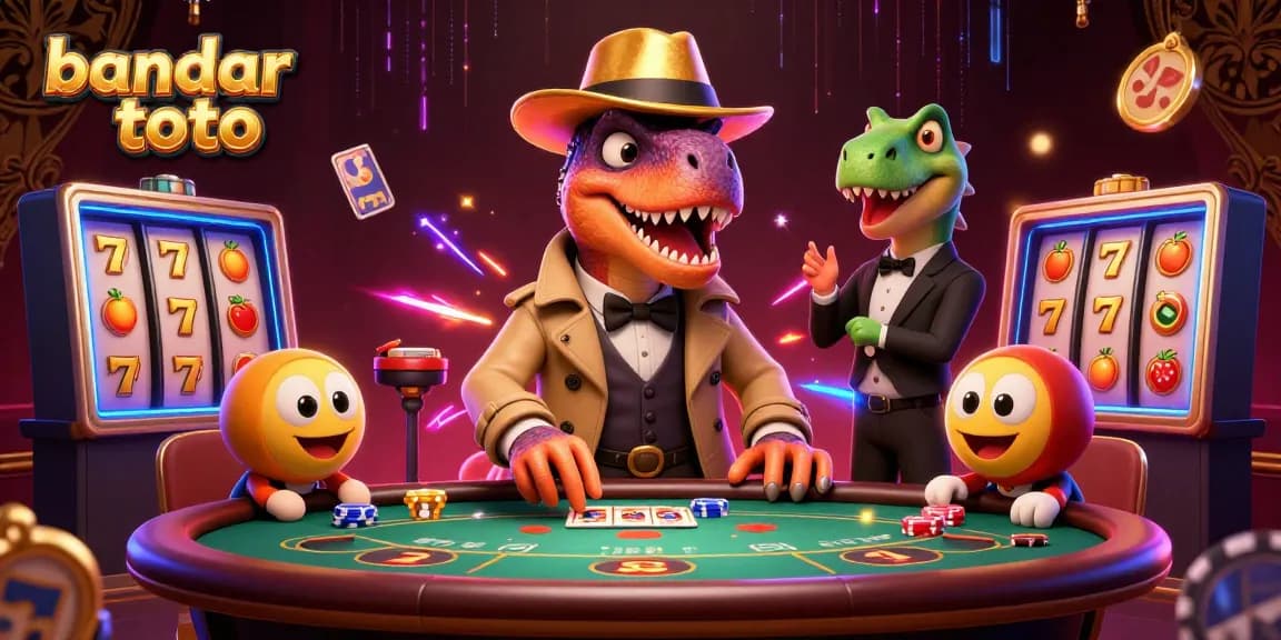Win at bandar toto with a cunning velociraptor in a trench coat at a vibrant casino slot table