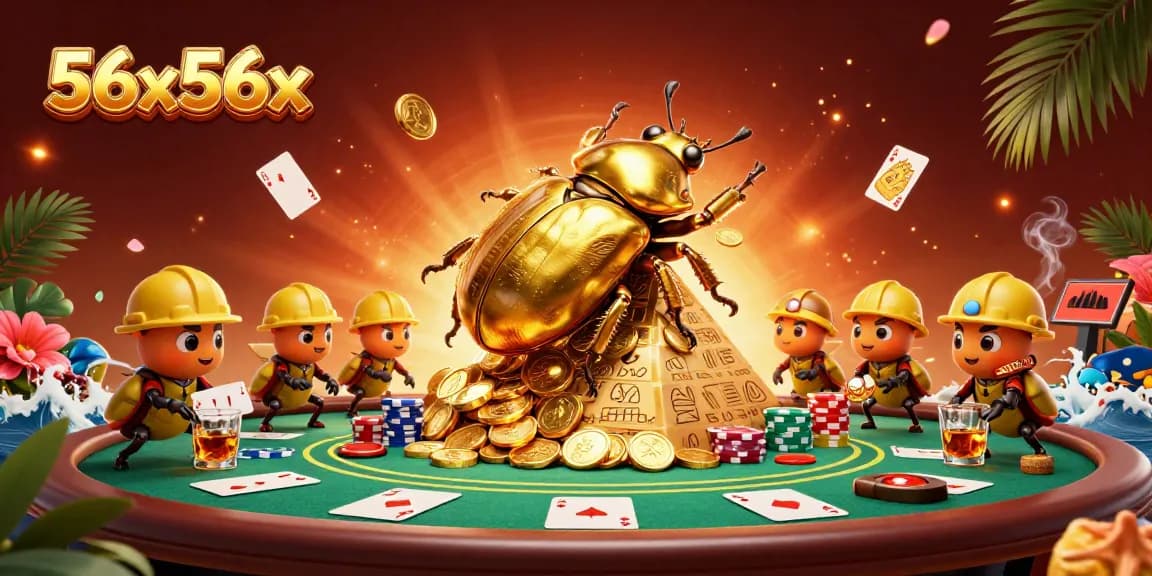 O jogo de cassino 56x56x apresenta um besouro dourado gigante rolando moedas em uma pirâmide.