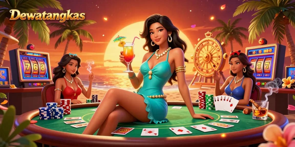 Dewatangkas players enjoying a vibrant slot game experience at an exotic beach casino resort.