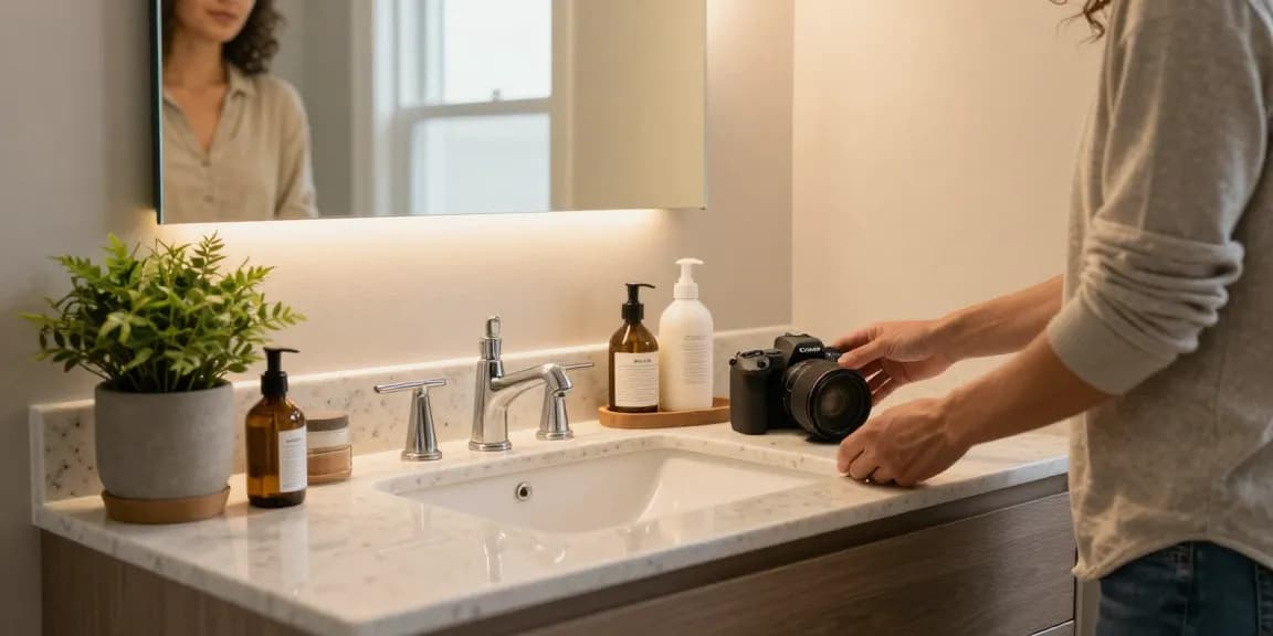 Modern bathroom vanity with sleek quartz top, stylish mirror, and warm lighting.