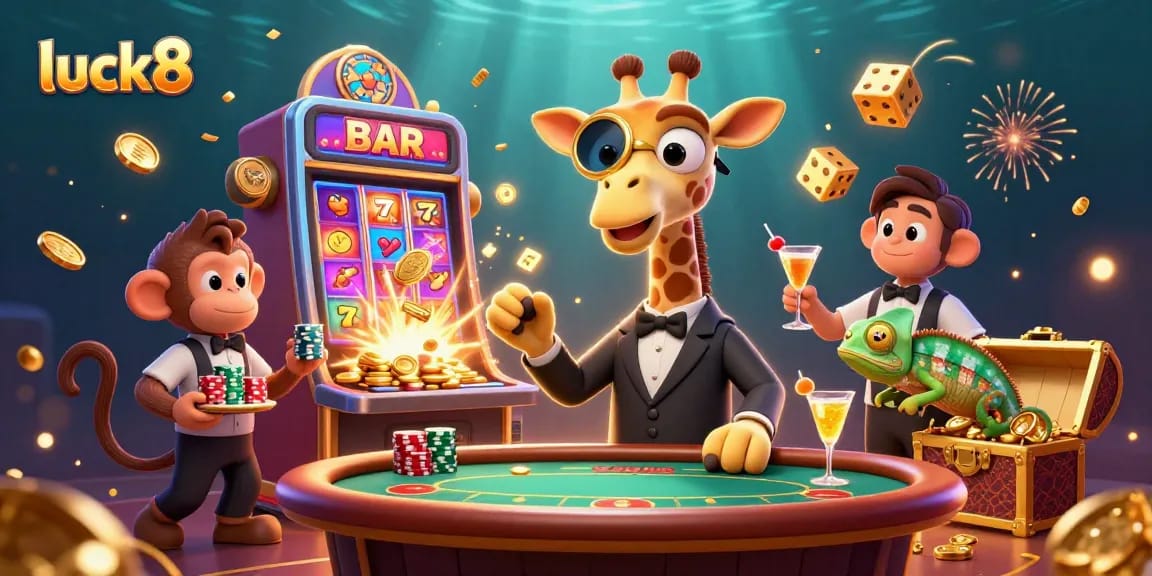 Experience luck8’s vibrant casino world with a high-roller giraffe, an energetic monkey valet, and a chameleon bartender.