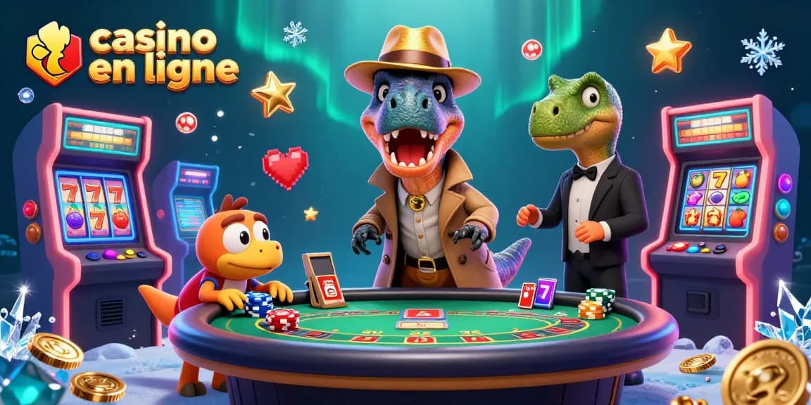 Casino en ligne : illustration 3D animée d'un raptor essayant de jouer au blackjack tout en étant surveillé par un pit boss.