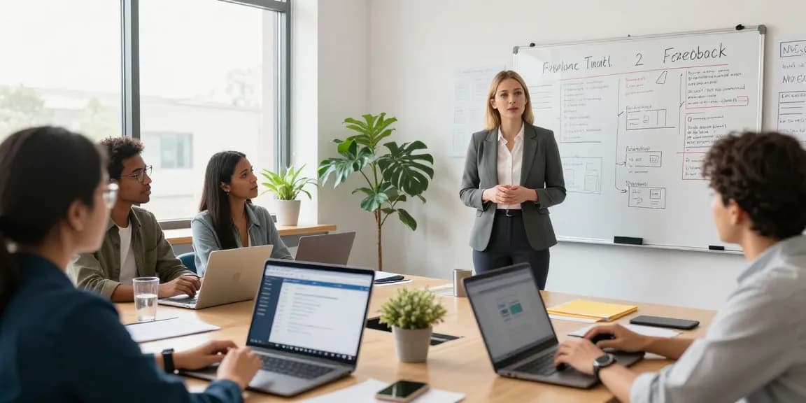 Arbeitskultur bewerten durch Feedback-Workshops mit Führungskräften in einem modernen Büro.