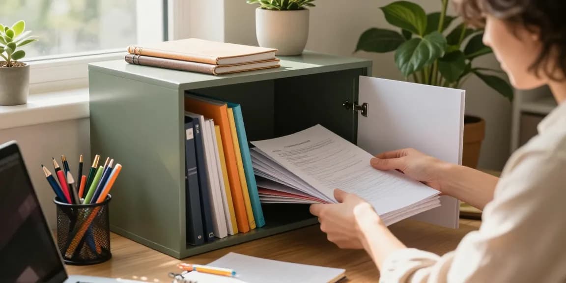 Organizing ตู้เก็บของ in a bright home office setting with natural light and colorful supplies.