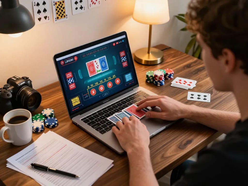 Player engaging in live dealer games on laptop showcasing RR88 betting interface in a cozy home setup.