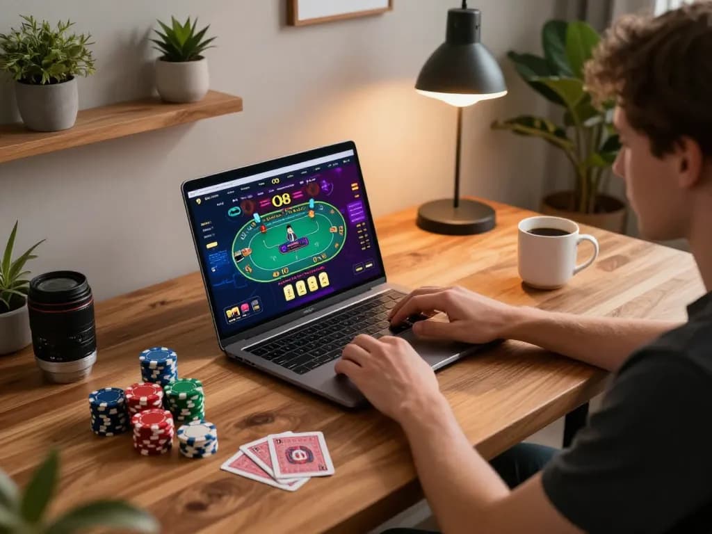 Engaging online gaming session at O8, showcasing poker interface and cozy atmosphere.