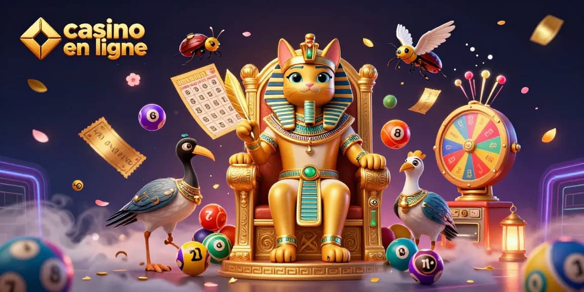Jouez au casino en ligne avec des personnages riches en couleurs et en détails, incluant un pharaon et des boules de loterie.