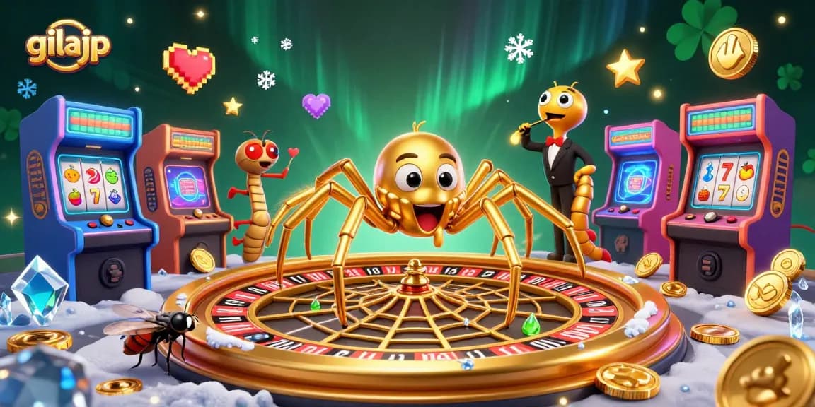Ilustrasi 3D gilajp momen menegangkan dengan karakter belalang dan laba-laba di Kasino.