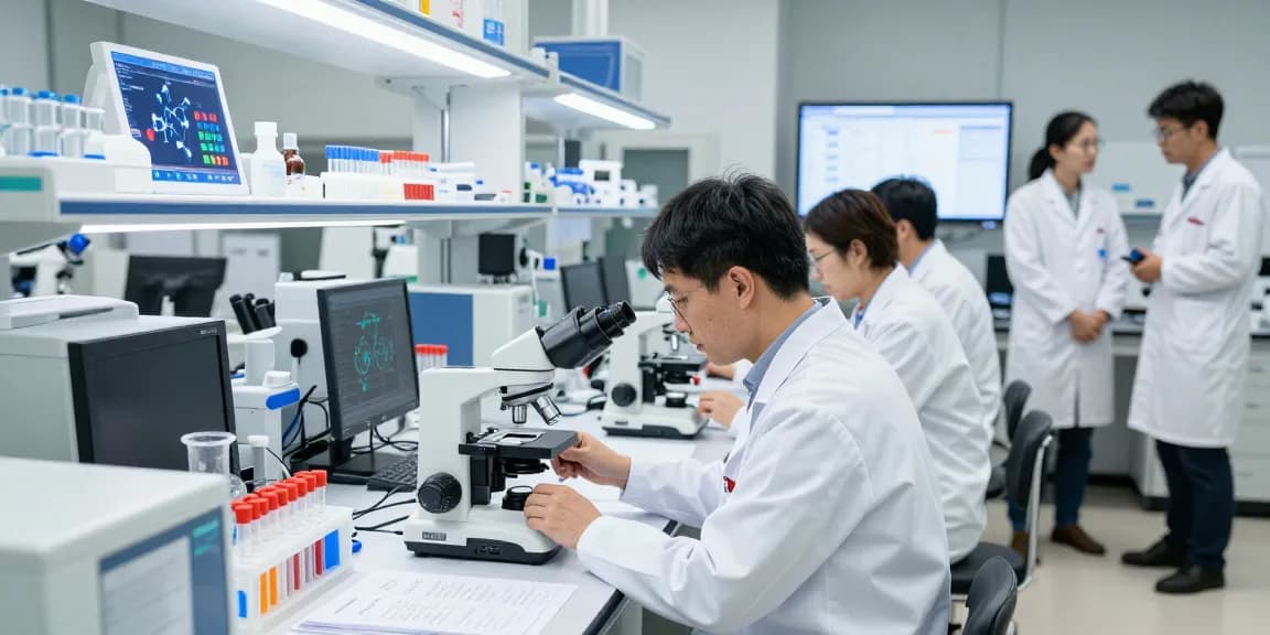 Scientists analyzing swiss chems labs peptide samples in a modern research facility.