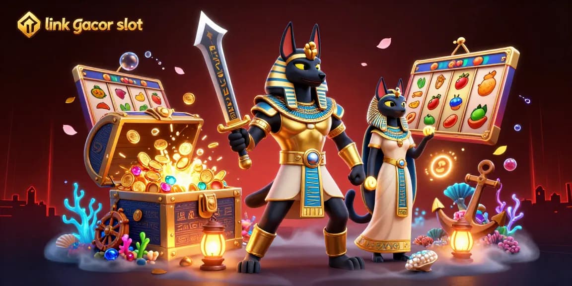 Engage in thrilling gameplay with link gacor slot's vibrant Egyptian-themed 3D illustration showcasing Anubis and slot reels.
