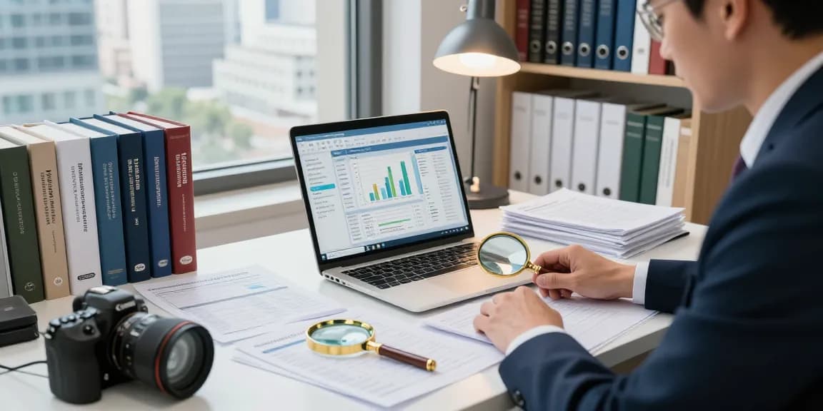 Aktivitas auditor forensik di aafikotasurabaya.org dengan dokumen dan perangkat analisis.