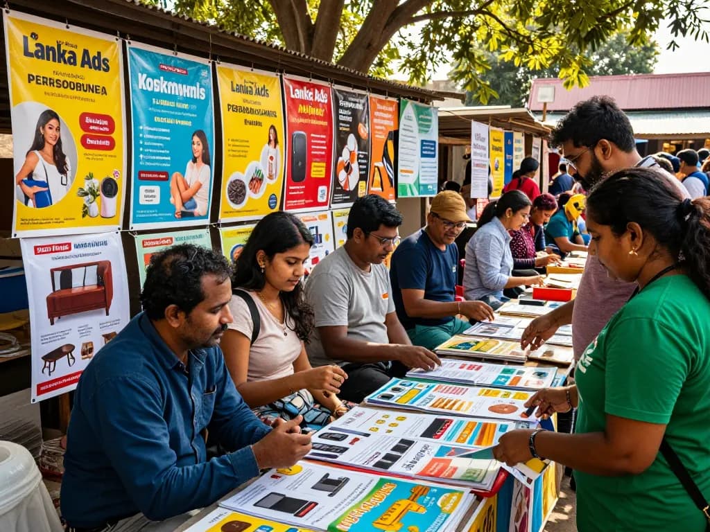 Lanka Ads vibrant marketplace scene highlighting community interaction and diverse advertisements.