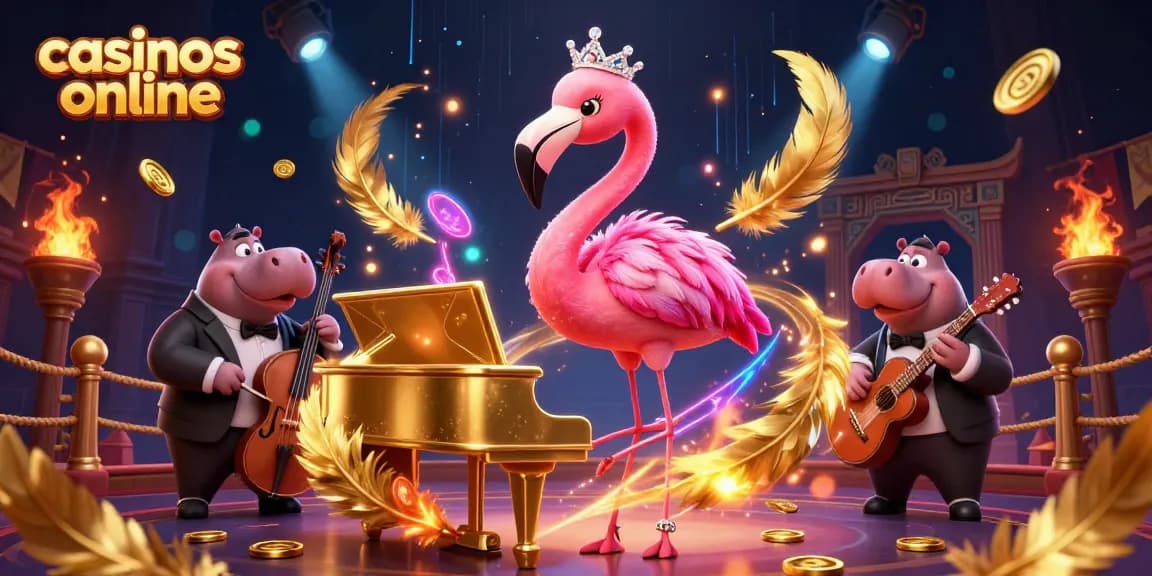 Los casinos en línea ofrecen entretenimiento vibrante con una cantante flamenca y un hipopótamo bajista en un ambiente lleno de luces.