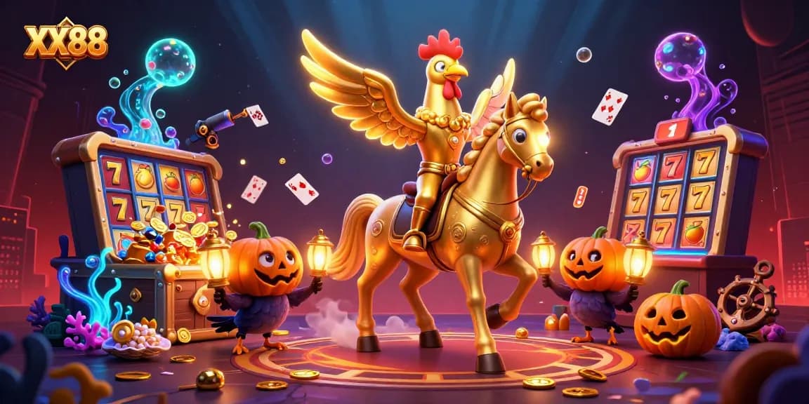Join the thrilling XX88 casino adventure with golden rooster and spectral horse in action.