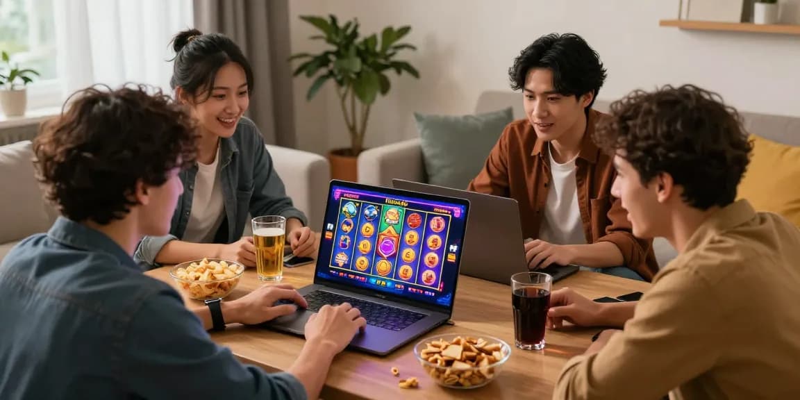 Diana4D menunjukkan pemain slot online yang ceria di ruang tamu, menikmati permainan dan suasana santai.
