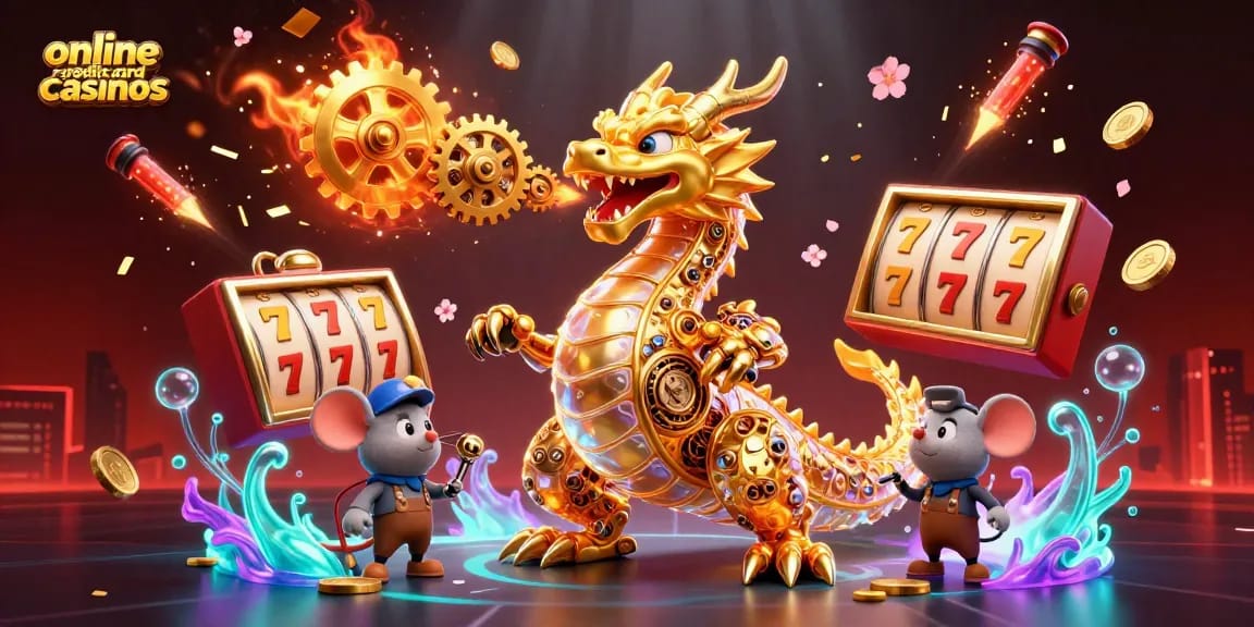Engage with the exciting world of online credit card casinos featuring vibrant game components and a biomechanical dragon.