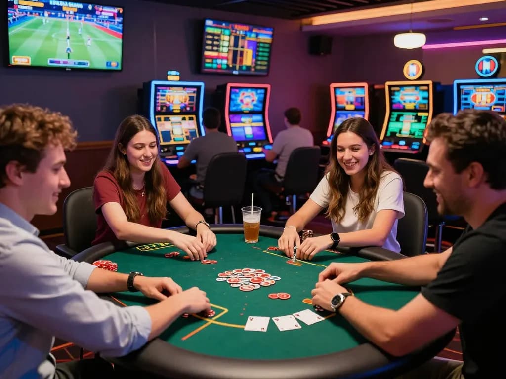 Exciting group of friends enjoying MM88 gambling experience in a lively casino setting.
