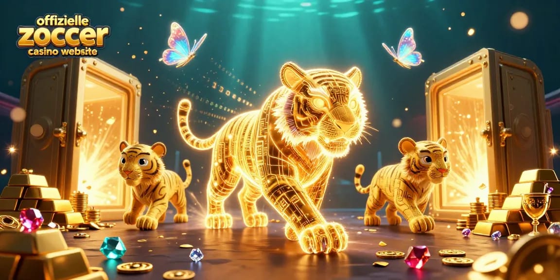 Interaktive 3D-Illustration der offiziellen Zoccer Casino Website mit einem goldenen Tiger im digitalen Casino.