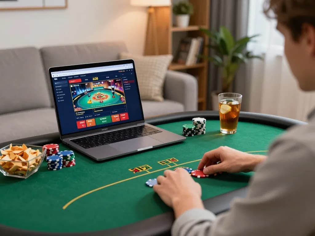Person enthusiastically engaging with ALO8 online poker game from the comfort of home, showcasing casual gameplay environment.