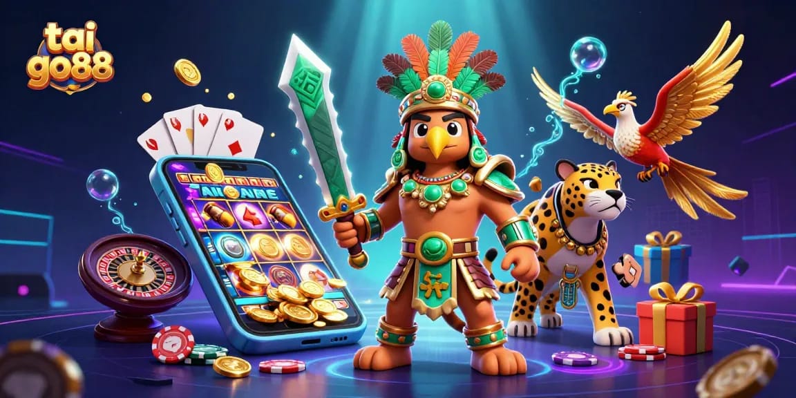Engage with tai go88 in an exhilarating virtual casino adventure surrounded by vibrant characters and slot games.