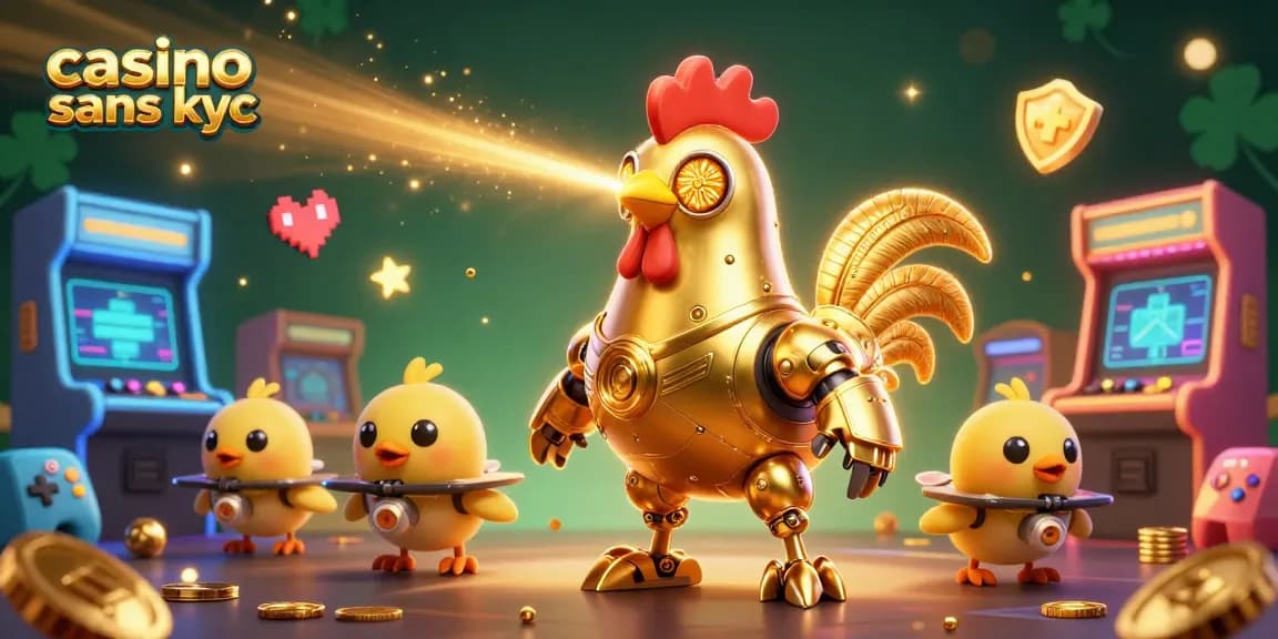 Jouer à des jeux au casino sans KYC avec un robot doré et des drones - illustration 3D