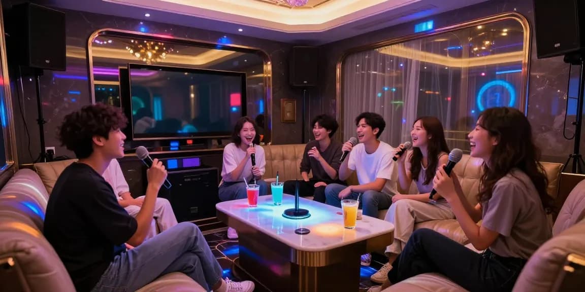 강남가라오케에서 친구들과 함께 즐거운 밤을 보내는 고급스러운 분위기의 노래방