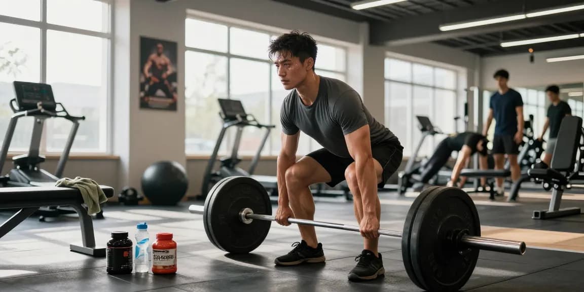 Individual lifting weights at a modern gym, showcasing the Deus Medical Shop lifestyle products for fitness enthusiasts.
