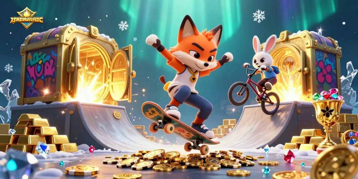 xiphematchuoc game scene with a skateboarder fox and BMX rabbit amidst rich casino treasures.