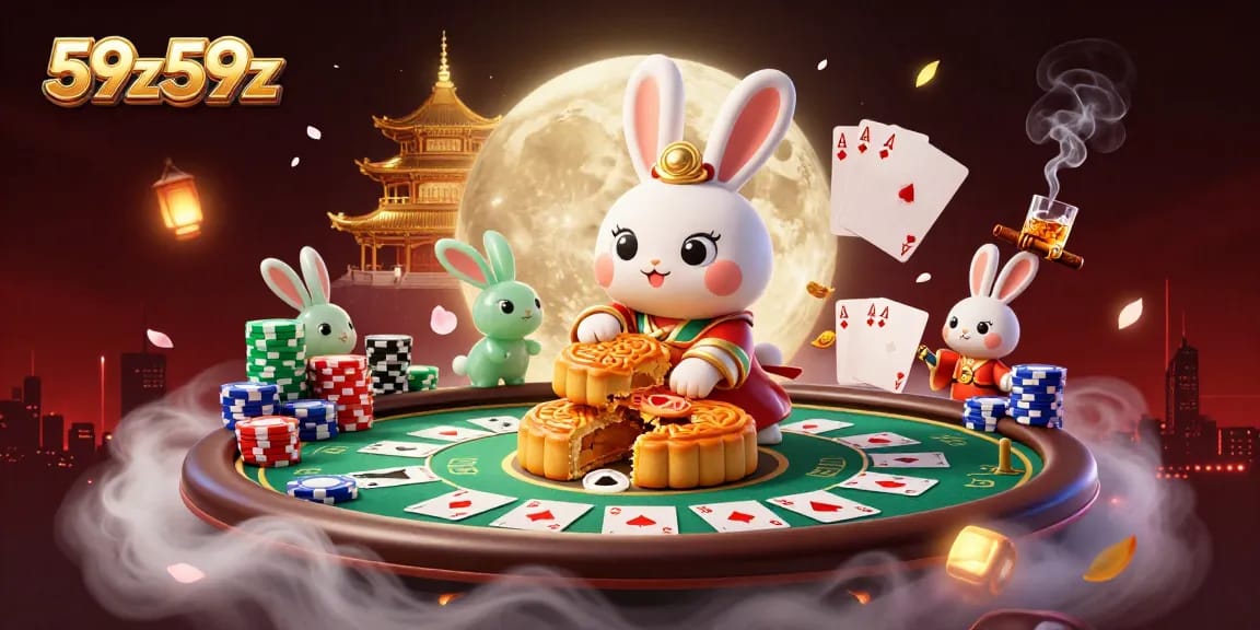 Ilustração 3D do coelho da lua da 59z59z, jogando fichas de poker sob um palácio lunar.