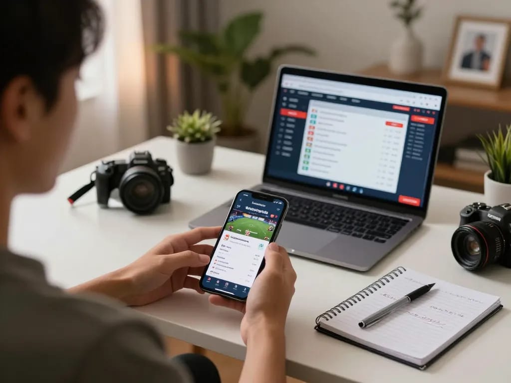 Person using keobongda app for sports betting while studying live odds and strategies at home.
