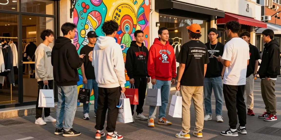 Youthful group discussing the Kakobuy spreadsheet in trendy streetwear with shopping bags.