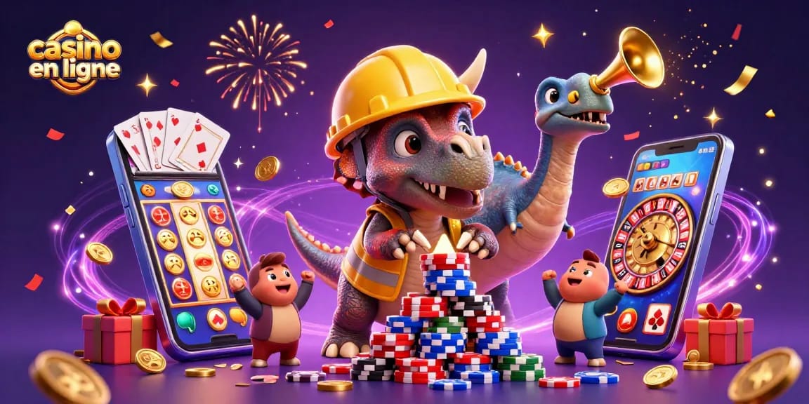 Casino en ligne : triceratops construisant une pyramide de jetons entouré de jeux.