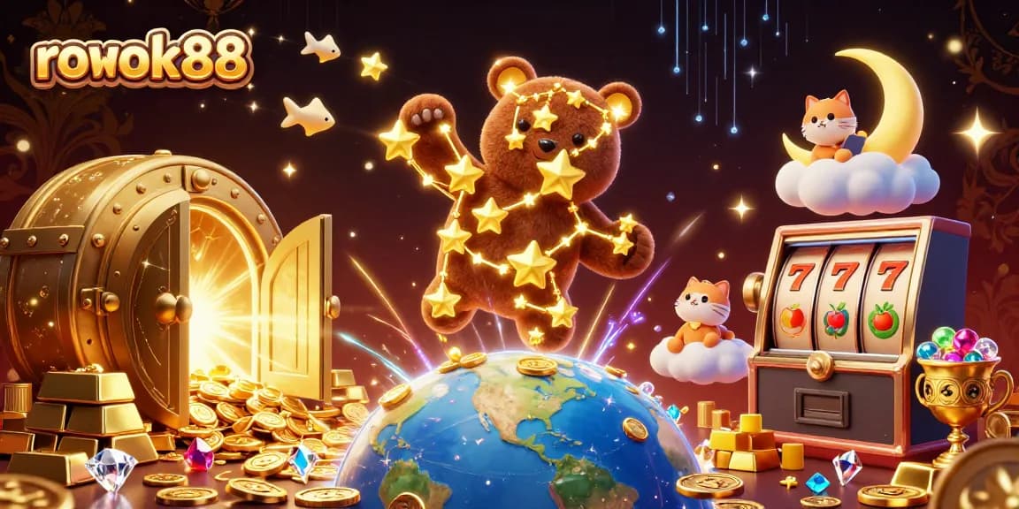 Experience thrill with rokok88 as the constellation bear scoops gold and slot wins in a magical casino realm.