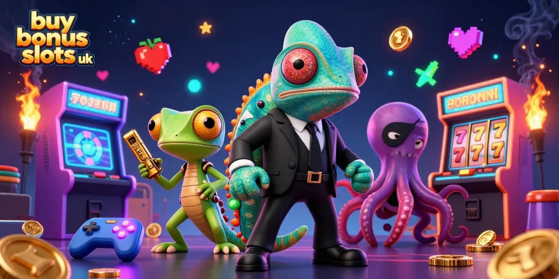 Experience the thrill of buy bonus slots UK with vibrant characters and arcade elements illustrated in 3D.