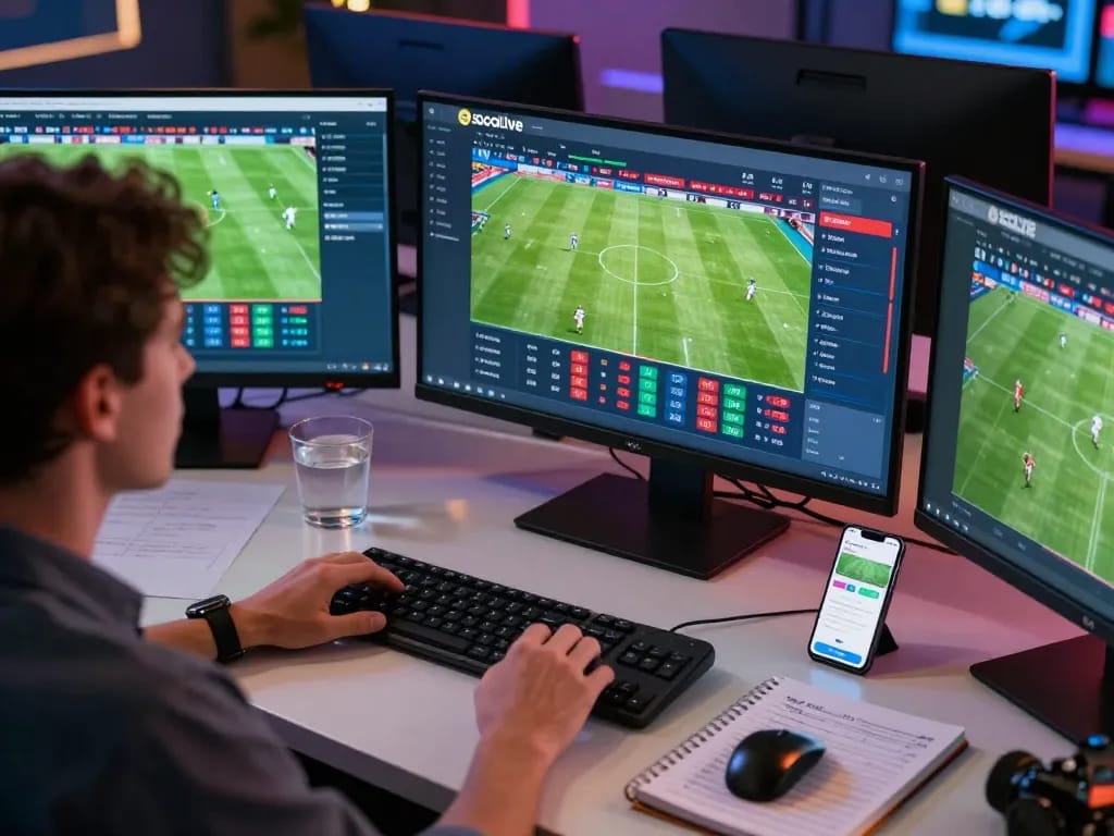 Socolive sports betting scene with person engaging in live football odds and strategies at a modern desk.