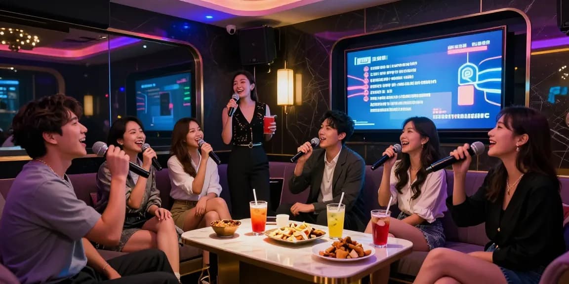 강남 가라오케에서 친구들과 함께 노래를 부르며 즐기는 모습