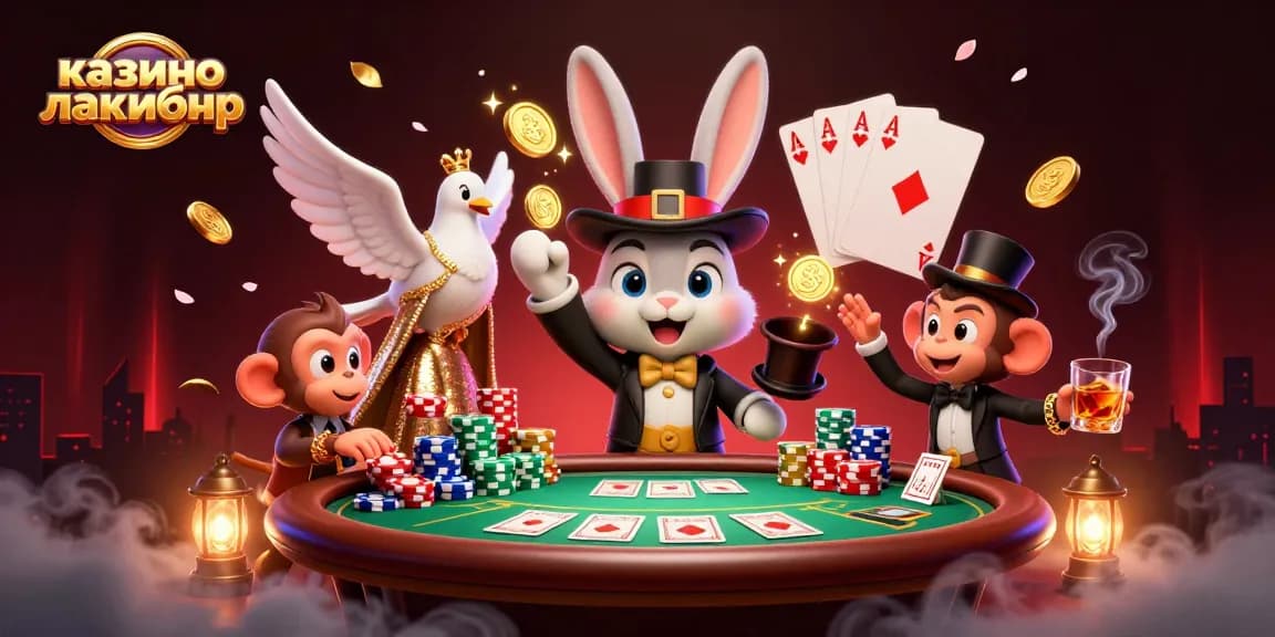 Experience thrilling gameplay at казино лакибир with a vibrant 3D illustration of card players and magical elements.