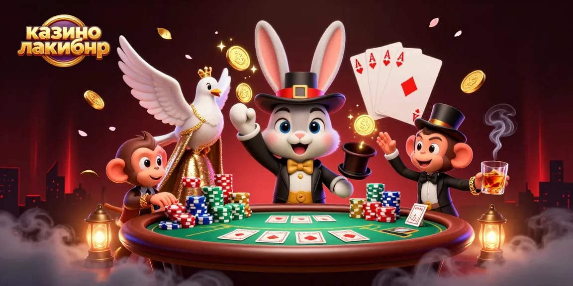 Experience thrilling gameplay at казино лакибир with a vibrant 3D illustration of card players and magical elements.