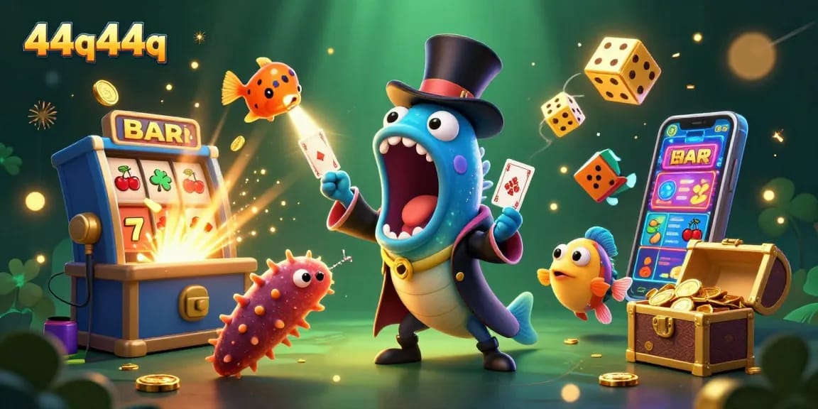 44q44q showcases a magical casino scene with fish characters performing tricks and vibrant game elements.