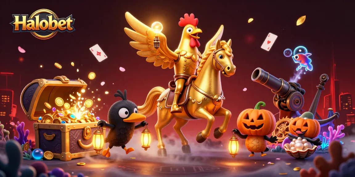 Memenangkan pengalaman bermain di Halobet dengan ilustrasi kasino yang menampilkan petualangan seru dan elemen permainan yang kaya.