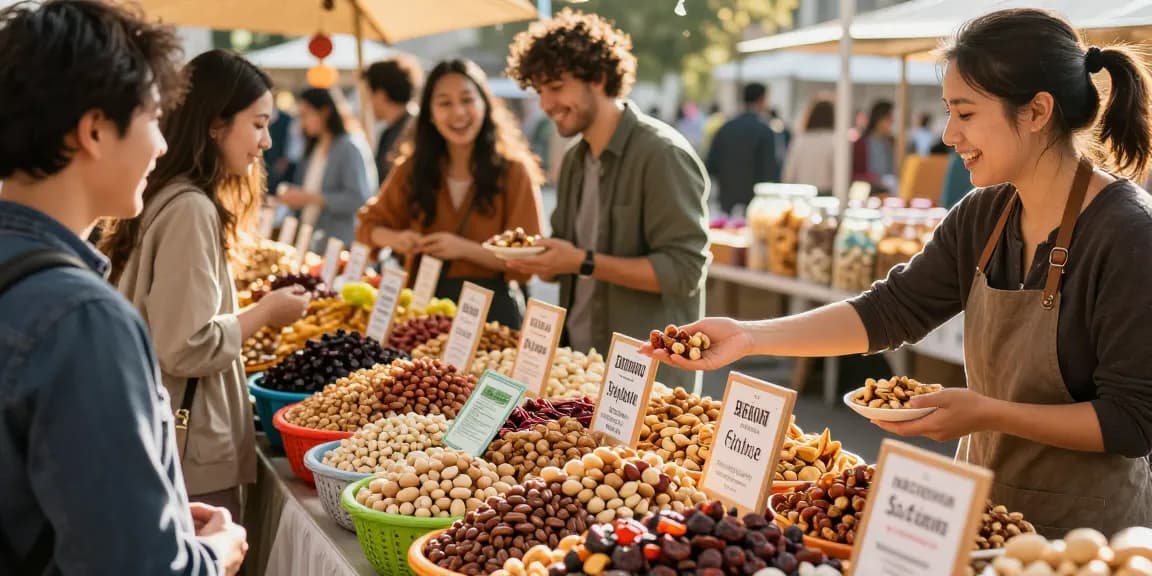 Fresh mixed nuts and dried fruits featured at a vibrant market with M98 ฝาก-ถอน promotions to entice customers.