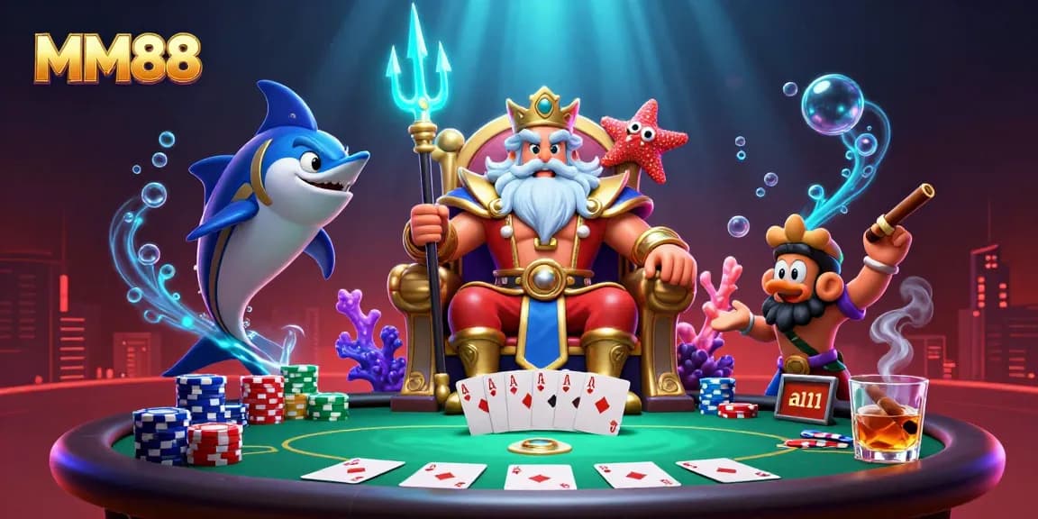 Experience exciting gaming moments with MM88 at a vibrant poker table, featuring Neptune and friends.