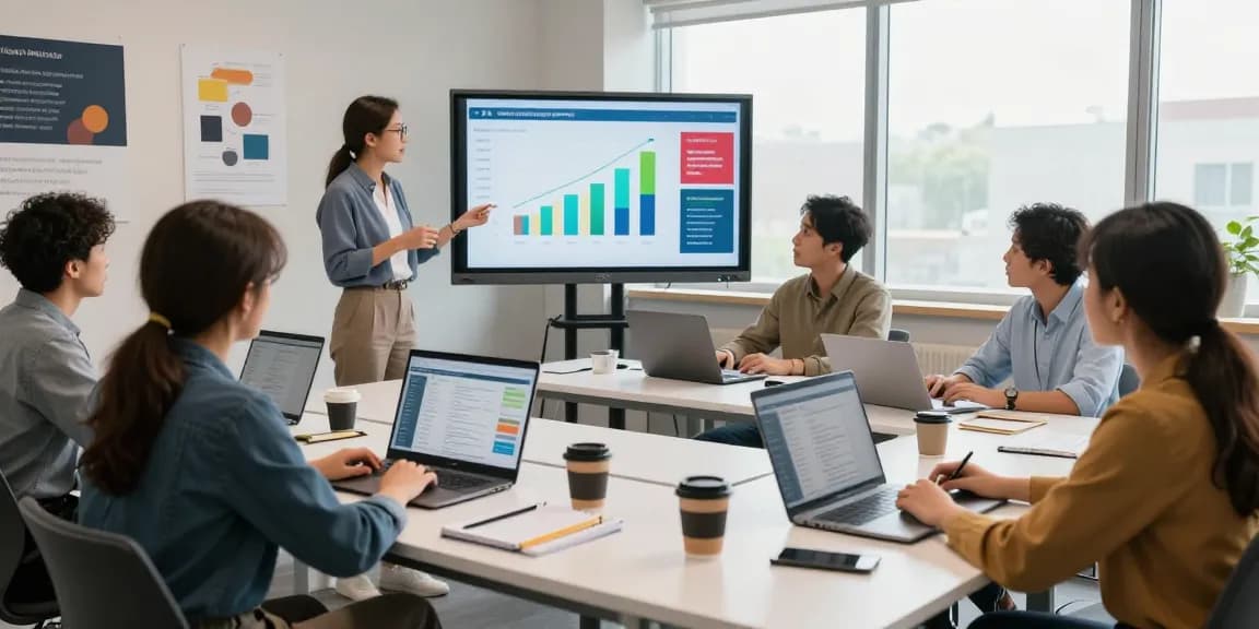 Group of students analyzing campaign performance analytics in a vibrant classroom setting.