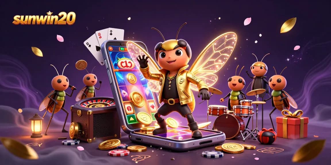 Engage with sunwin20 and its dynamic casino scene featuring a cartoon rock star and gaming elements.