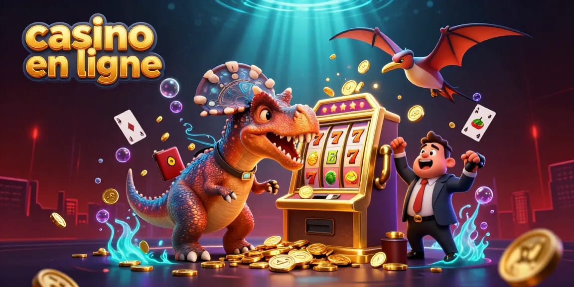 Attraper des jackpots au casino en ligne avec des personnages de dinosaures et des symboles de jeu scintillants.
