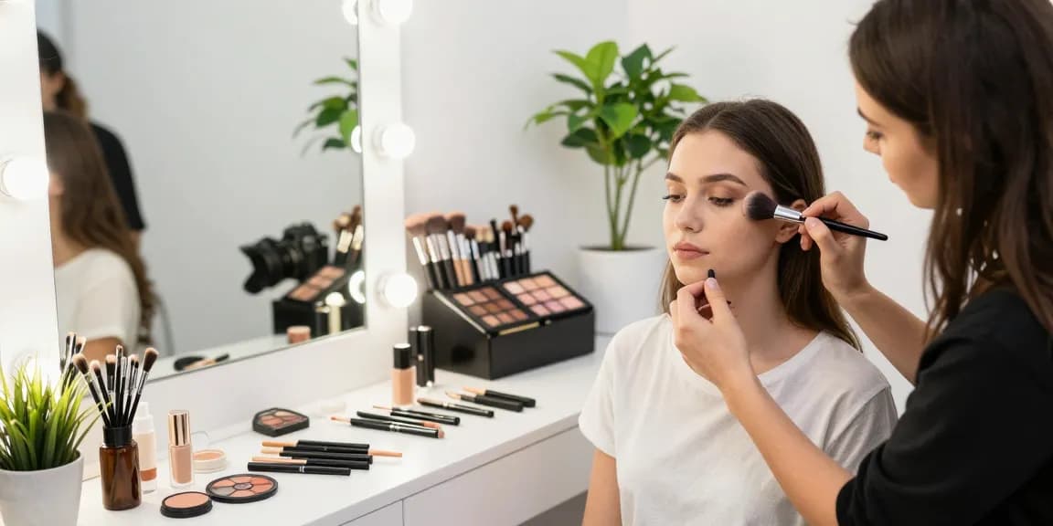 Model receiving makeup application with a dense makeup brush in a bright studio while showcasing vibrant beauty products.