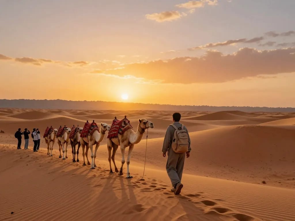 Traveler enjoying a Sahara Desert adventure with a leading Morocco tour company, surrounded by camels and sunset.